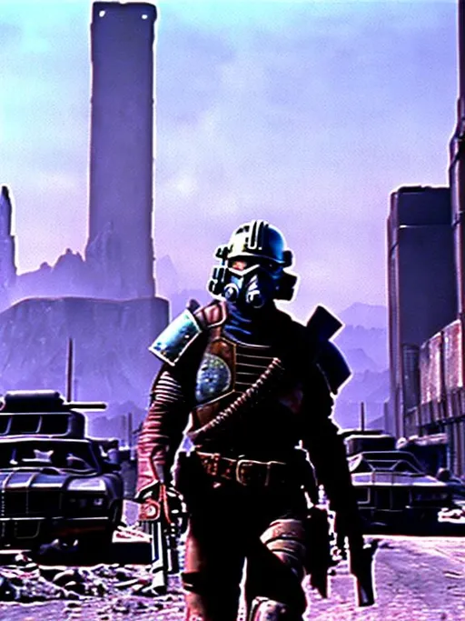 Prompt: dvd still from Fallout New Vegas movie directed by John Carpenter from 1987, Scene with NCR mercenary soldier with badly scarred face, wearing lightweight Combat Armor Reinforced painted grey, scouting the skyline of a post-apocalyptic Portland, Oregon, night time, snowy, action post-apocalyptic lost movie screenshot, Escape from New York, Mad Max 2, Deathrace