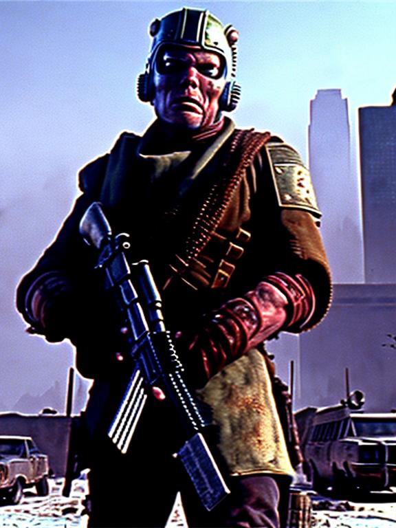 Prompt: dvd still from Fallout New Vegas movie directed by John Carpenter from 1987, Scene with NCR mercenary soldier with badly scarred face, wearing lightweight Combat Armor Reinforced painted grey, scouting the skyline of a post-apocalyptic Portland, Oregon, night time, snowy, action post-apocalyptic lost movie screenshot, Escape from New York, Mad Max 2, Deathrace