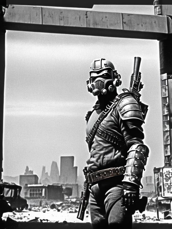 Prompt: dvd still from Fallout New Vegas movie directed by John Carpenter from 1979, Scene with NCR mercenary soldier with badly scarred face, wearing lightweight Combat Armor Reinforced painted grey, scouting the skyline of a post-apocalyptic Portland, Oregon, night time, snowy, action post-apocalyptic lost movie screenshot, Escape from New York, Mad Max 2, Deathrace