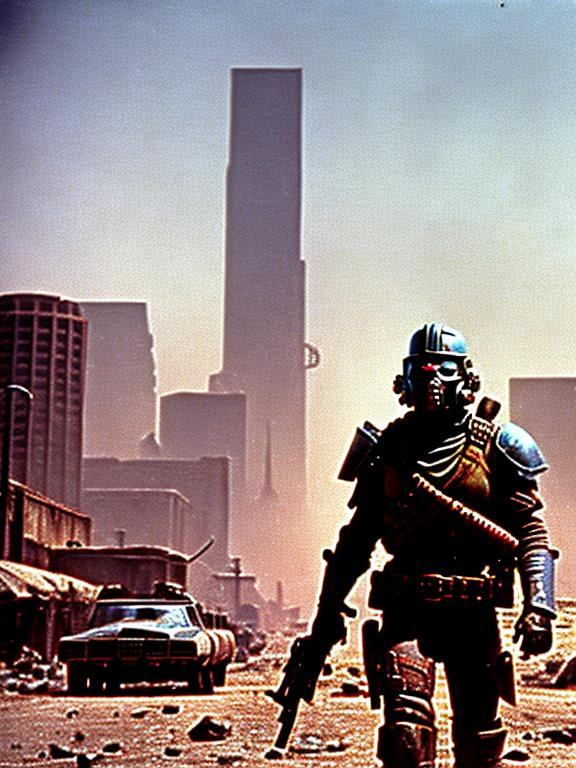 Prompt: dvd still from Fallout New Vegas movie directed by John Carpenter from 1987, Scene with NCR mercenary soldier with badly scarred face, wearing lightweight helmetless Combat Armor Reinforced painted grey, scouting the skyline of a post-apocalyptic Portland, Oregon, night time, snowy, action post-apocalyptic lost movie screenshot, Escape from New York, Mad Max 2