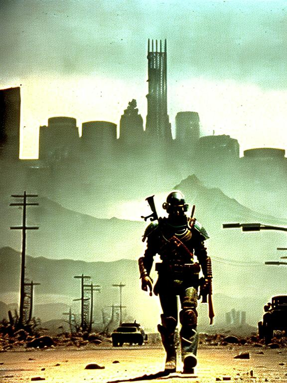 Prompt: dvd still from Fallout New Vegas movie directed by John Carpenter from 1999, Scene with NCR mercenary soldier with badly scarred face, wearing lightweight Combat Armor Reinforced painted grey, scouting the skyline of a post-apocalyptic Portland, Oregon, night time, snowy, action post-apocalyptic lost movie screenshot, Escape from New York, Mad Max 2, Deathrace