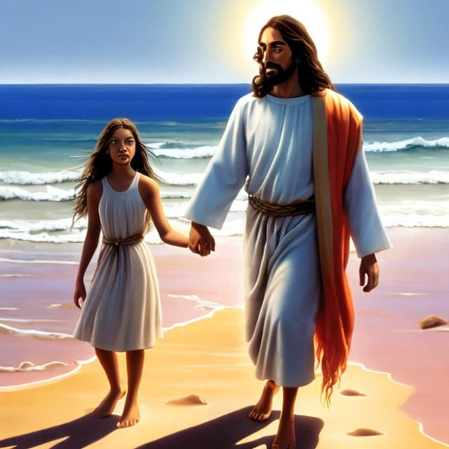 Prompt: Jesus walking on a beach along with a girl
