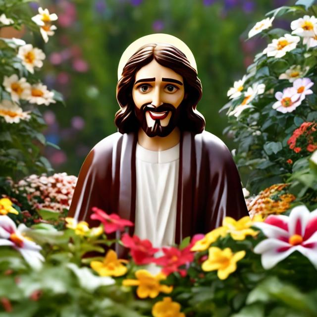 Prompt: Jesus on a suite smiles brightly with flower garden at the background 
