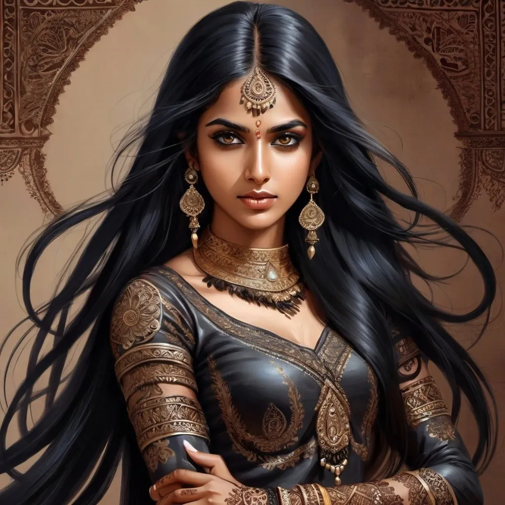 Prompt: Beautiful desi Indian girl warrior with very long straight black hair, , fierce expression, intricate henna designs on hands and feet, epic fantasy illustration, high quality, detailed, realistic, fantasy, traditional, long black hair, warrior, fierce expression, intricate henna, Indian, epic fantasy, detailed clothing, jewellery, professional, dramatic lighting