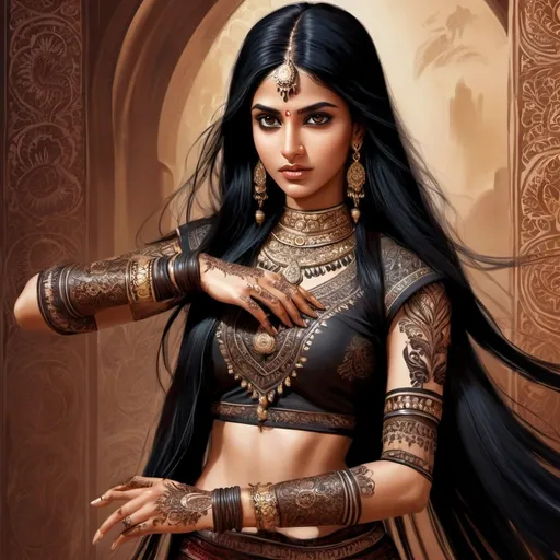Prompt: Beautiful desi Indian girl warrior with very long straight black hair, , fierce expression, intricate henna designs on hands and feet, epic fantasy illustration, high quality, detailed, realistic, fantasy, traditional, long black hair, warrior, fierce expression, intricate henna, Indian, epic fantasy, detailed clothing, jewellery, professional, dramatic lighting