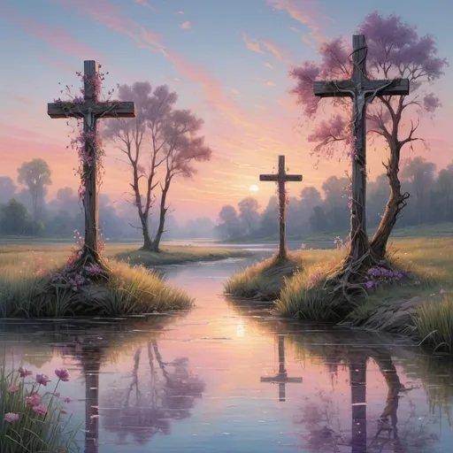 Prompt: Imagine a serene landscape at twilight. In the foreground, there's a gently flowing river reflecting the soft hues of the evening sky — shades of pink, orange, and purple blending together. Along the riverbank stand three weathered wooden crosses, each subtly illuminated by the fading sunlight.

The first cross is slightly taller, positioned at the center, with intricate carvings that catch the last rays of the sun. Its reflection in the water appears slightly distorted, shimmering with the movement of the river.

To the left, a smaller cross stands humbly, its simple design contrasting with the elaborate details of the first. Its reflection in the water is clearer, yet also gently rippled by the river's flow.

On the right, the third cross is of medium height, adorned with delicate vines and flowers that seem to intertwine with the surrounding foliage. Its reflection in the water appears almost ethereal, as if merging with the reflections of nearby trees and clouds.

Above them, the sky transitions from warm sunset colors to a deepening blue, dotted with the first twinkling stars of the night. The overall scene is one of quiet reverence and natural beauty, where the presence of the crosses and their reflections in the flowing river symbolize peace, spirituality, and the passage of time.