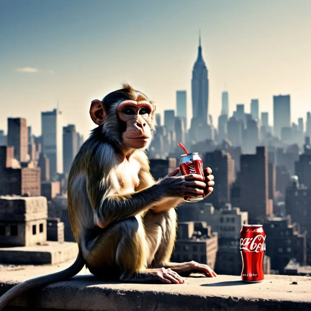 Prompt: Dimensions: 1000px x 600px

Create an ultra-realistic image in photo style:

Background: It is the year 3050, and the ruins of New York City can be seen in the background.

Foreground: In the foreground, a monkey has just discovered two unfamiliar objects. In its right hand, it holds a grenade, and in its left hand, a can of Coca-Cola.