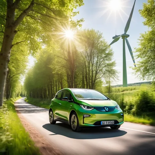 Prompt: A compact green EV car driving along a nature road with sunlight filtering through the trees, with wind turbines in the background
