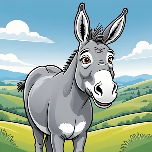 Prompt: Cartoon of a grey donkey 
