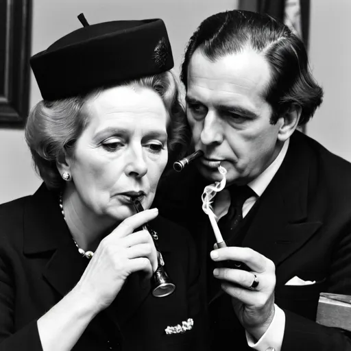 Prompt: Rene Magrit blended with Margaret thatcher smoking a pipe


