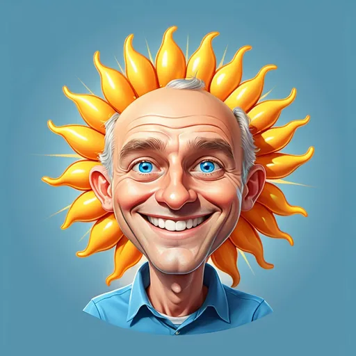 Prompt: Cartoon Man with a sun for a head with a big old smile and bright blue eyes