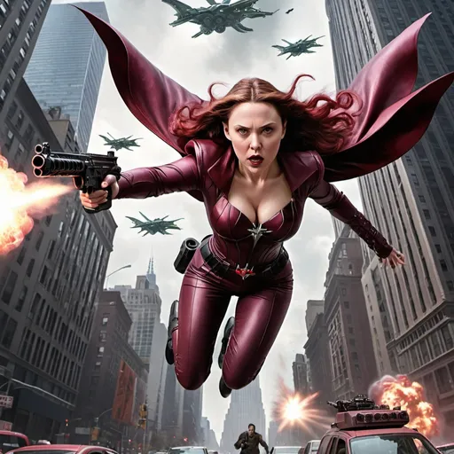 Prompt: Photorealistic image of Scarlett Witch flying over new york holding a machine gun and fighting aliens