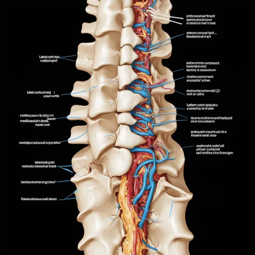 Prompt:  A cross-section of the spinal cord with the major descending tracts labeled, including the lateral corticospinal tract (large bundle in the lateral white matter), the anterior corticospinal tract (smaller bundle in the ventral white matter), the rubrospinal tract (located laterally), the vestibulospinal tract (medially), and the reticulospinal tract (also located medially)