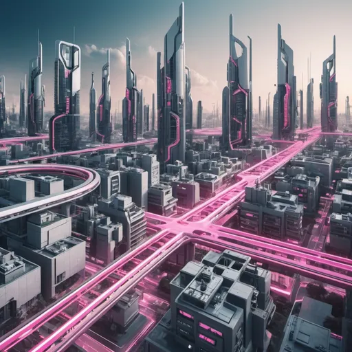 Prompt: A futuristic cityscape with robotic arms and machines working in harmony, representing the seamless digital automation of Axis Bank's services.