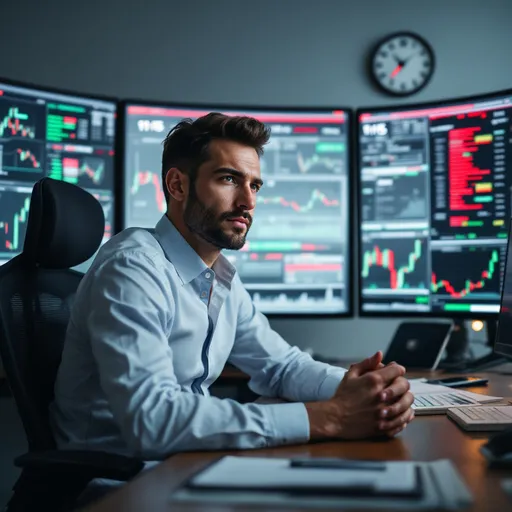 Prompt: 
"Photographie hyperréaliste 8K d'un trader professionnel masculin dans la trentaine, au regard perçant et à l'expression concentrée mais sereine, assis dans une posture confiante à son bureau ergonomique en bois d'ébène dans un espace de travail minimaliste et sophistiqué. Configuration impressionnante de six écrans incurvés ultra-larges affichant des graphiques boursiers complexes avec chandeliers japonais, indicateurs techniques colorés, et tableaux d'analyse en temps réel avec dominance de vert et rouge. Éclairage contrasté: lumière bleue froide froide émanant des écrans se mêlant à l'éclairage ambré tamisé de lampes architecturales. Sur le bureau parfaitement organisé : une tasse en céramique noire d'où s'échappe la vapeur d'un expresso fraîchement préparé, un carnet de notes en cuir véritable ouvert avec des annotations manuscrites de stratégies de trading, un stylo Montblanc, et un smartphone discret affiché des alertes de marché en arrière-plan légèrement floué (bokeh subtil), un vaste tableau blanc immaculé couvert de formules mathématiques complexes, diagrammes de marché. corrélation, et notes stratégiques avec code couleur. Une horloge murale minimaliste de design scandinave indique précisément 23h15. Par la baie vitrée panoramique, vue nocturne spectaculaire sur un quartier financier avec gratte-ciels illuminés et reflets sur les surfaces vitrées. L'atmosphère générale évoque la détermination, l'intelligence analytique et le succès discret. Composition équilibrée avec le trader comme point focal central. Éclairage style cinématique Fincher, rendu photoréaliste avec attention méticuleuse aux textures et reflets, profondeur de champ parfaitement maîtrisée, palette de couleurs contrastée mais harmonieusement dominée par bleus profonds, noirs riches et touches d'ambre."