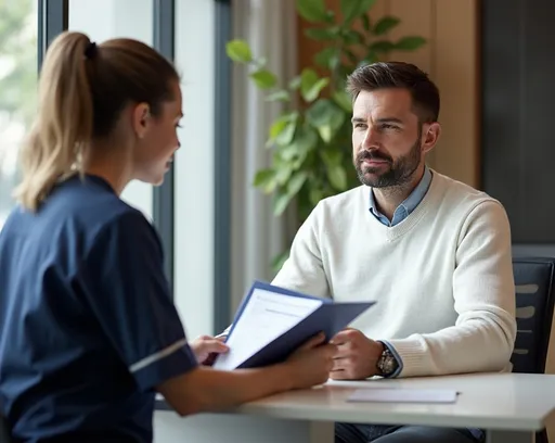 Prompt: This is a professional ad for a medical clinic that serves men. 

A man is sitting in an upscale office wearing a modern white sweater. He is at least 40 years old, clean cut, with an athletic build, and attractive. A young nurse is wearing dark blue scrubs sits across the desk from him, she is reading from a folder with his medical chart inside.
 
He is listening to her, looking at her, and nodding. 

They do not hold hands. There is at least 6 inches of space between them. The scene feels very professional and cordial. 
