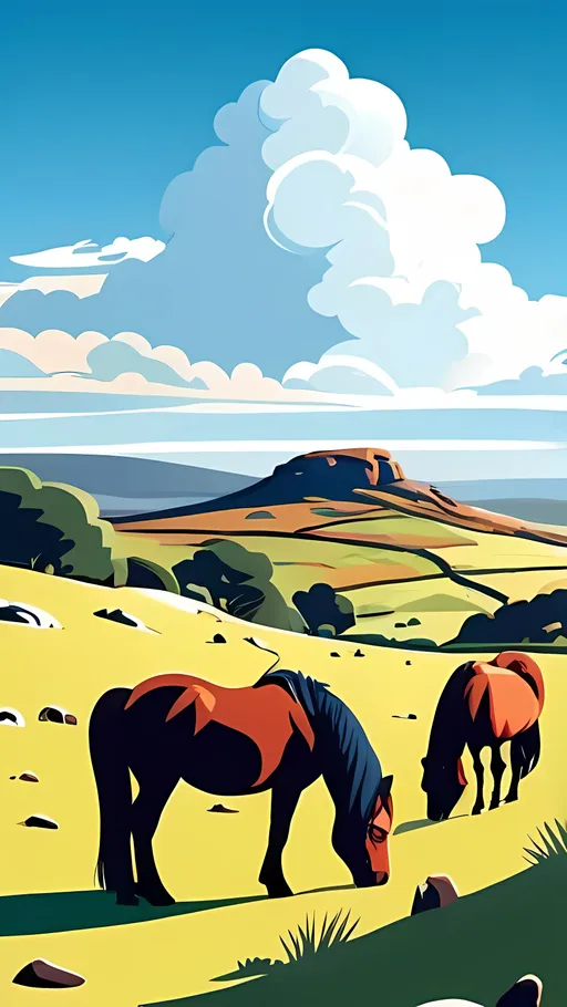 Prompt: Haytor Dartmoor with ponies in the foreground blue sky fluffy clouds, flat vibrant colour illustration

