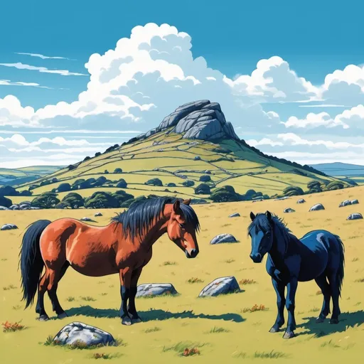 Prompt: Haytor Dartmoor UK with Dartmoor pedigree ponies in the foreground blue sky fluffy clouds, flat illustration with vibrant colours in the style of Katsushika Hokusai
