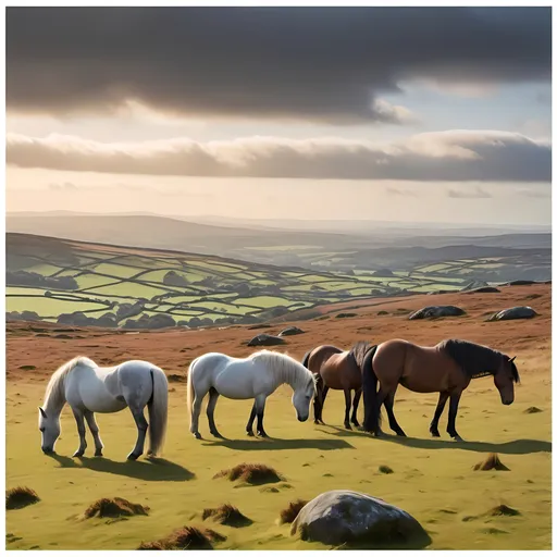 Prompt: The poster would feature a vibrant and captivating illustration reminiscent of 1930s railway posters. The background would showcase Haytor, a distinctive granite outcrop, rising majestically against a brilliant blue sky. Fluffy white clouds drift lazily across the sky, adding depth and dimension to the scene.

In the foreground, a group of Dartmoor ponies roam freely across the moorland, their graceful forms captured in exquisite detail. The ponies graze peacefully, adding a sense of tranquility to the composition.

The color palette would be rich and vibrant, with hues of green for the lush moorland, contrasting with the warm tones of the ponies' coats. The sunlight would cast a golden glow over the landscape, evoking a sense of warmth and serenity.

The typography would be bold and elegant, with the title "Discover Haytor on Dartmoor" prominently displayed at the top of the poster. Beneath the title, the subtitle "Majestic Beauty Beckons" would invite viewers to embark on a journey of discovery.

Overall, the artwork would capture the timeless allure of Dartmoor, inviting viewers to escape into a world of natural beauty and adventure.