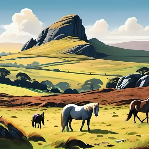 Prompt: The poster would feature a vibrant and captivating graphic illustration will be of flat colour reminiscent of 1930s railway posters. The background would showcase Haytor, a distinctive granite outcrop, rising majestically against a brilliant blue sky. Fluffy white clouds drift lazily across the sky, adding depth and dimension to the scene.

In the foreground, a group of Dartmoor ponies roam freely across the moorland, adding a sense of tranquility to the composition.

The color palette would be rich and vibrant, with hues of green for the lush moorland, contrasting with the warm tones. The sunlight would cast a golden glow over the landscape, evoking a sense of warmth and serenity.