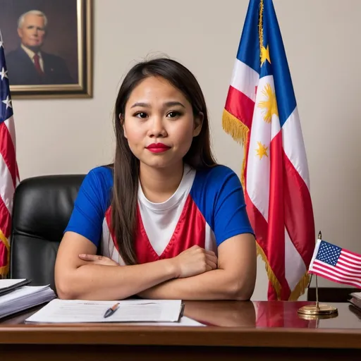 Prompt: A Filipino girl who is 30 years of age sitting at a desk behind her is a American flag, and Filipino flag. shes going to give the news