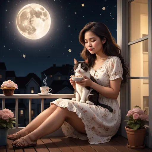 Prompt: a beautiful illustration of a semi chubby built Filipina woman in her 30's, with long textured wavy dark brown hair, sitting with her calico cat on her lap, watching the stars in her balcony, wearing a beautiful vintage mini white floral dress, with the moon illuminating her face, a cupcake on a place and some coffee placed on the floor near her, and a cat bowl with dry cat food for her pet cat, twilight hues, cinematic effect, realistic