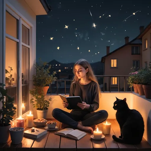 Prompt: a girl in her 30 sitting with her black cat watching stars in her balcony . Also has candles,laptop,ipad and books and beautiful snacks around her 