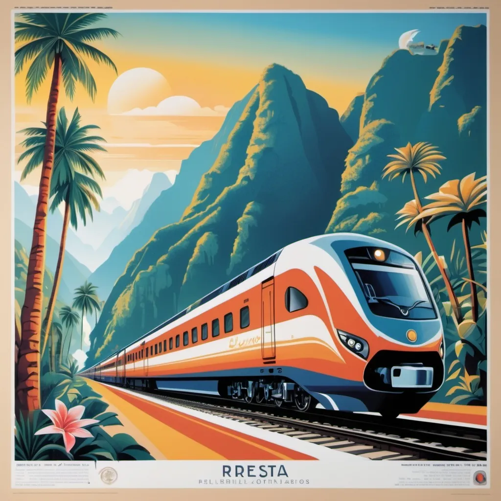 Prompt: A poster of a modern luxurious train with imagery of exotic destinations in the background.