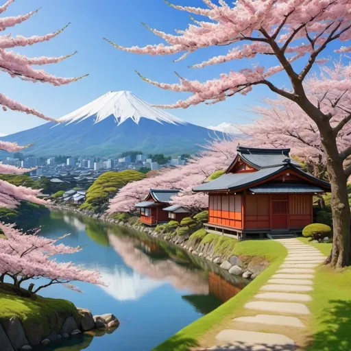 Prompt: (majestic 1900 Japan landscape), lush greenery, tranquil lakes, traditional wooden houses, cherry blossom trees in full bloom, serene mountain backdrops, rolling hills, clear blue skies, gentle sunlight, tranquil and inviting atmosphere, vibrant colors, ultra-detailed, high definition, expansive open world, inviting paths winding through nature, nostalgic beauty.