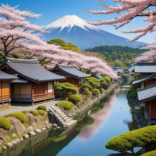 Prompt: (majestic 1900 Japan landscape), lush greenery, tranquil lakes, traditional wooden houses, cherry blossom trees in full bloom, serene mountain backdrops, rolling hills, clear blue skies, gentle sunlight, tranquil and inviting atmosphere, vibrant colors, ultra-detailed, high definition, expansive open world, inviting paths winding through nature, nostalgic beauty.