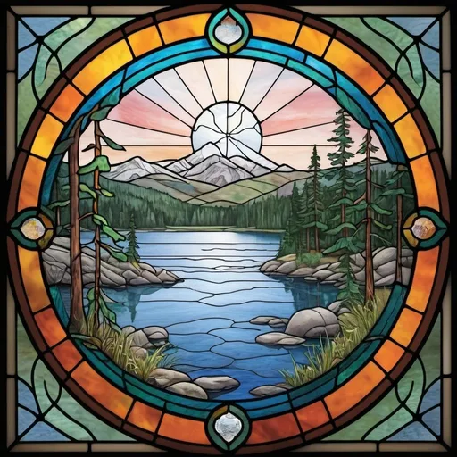 Prompt: draw stained glass window using a wilderness lake seen and put the words Auburn, Ca in the center of the image