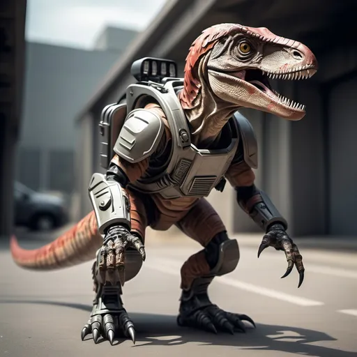 Prompt: Sci-fi velociraptor man in power armor 