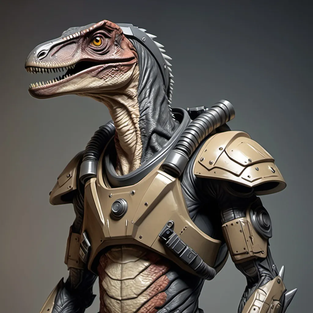 Prompt: Sci-fi velociraptor man in power armor 