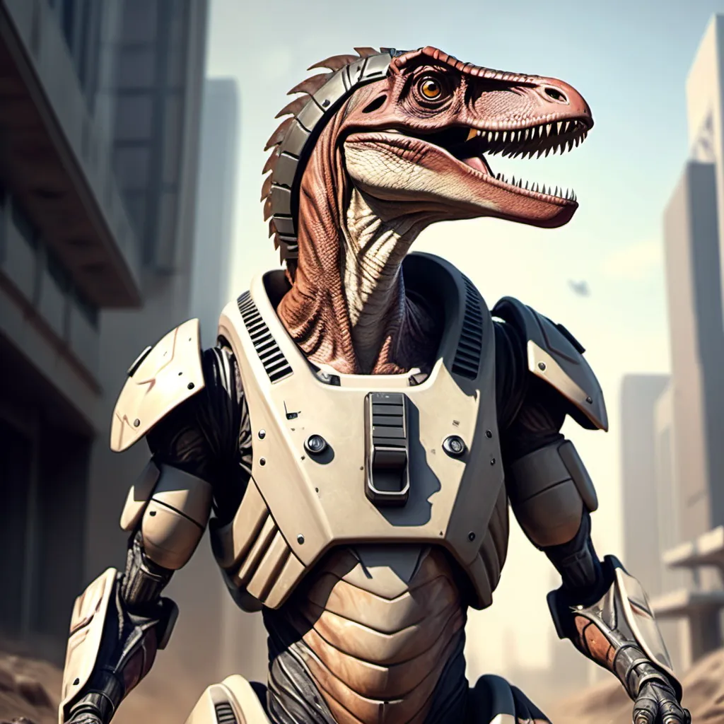 Prompt: Sci-fi velociraptor man in power armor 