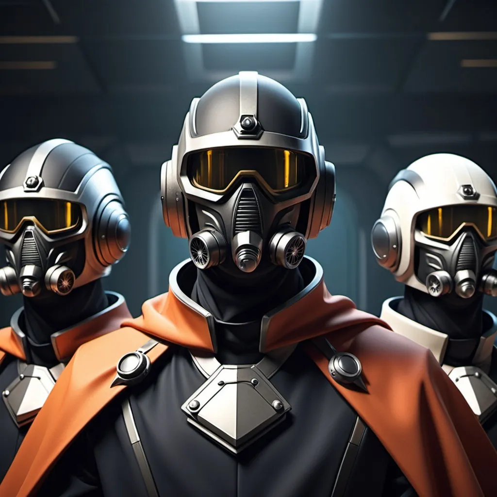 Prompt: Sci-fi Commanders in power with shoulder cape wearing face mask helmet 