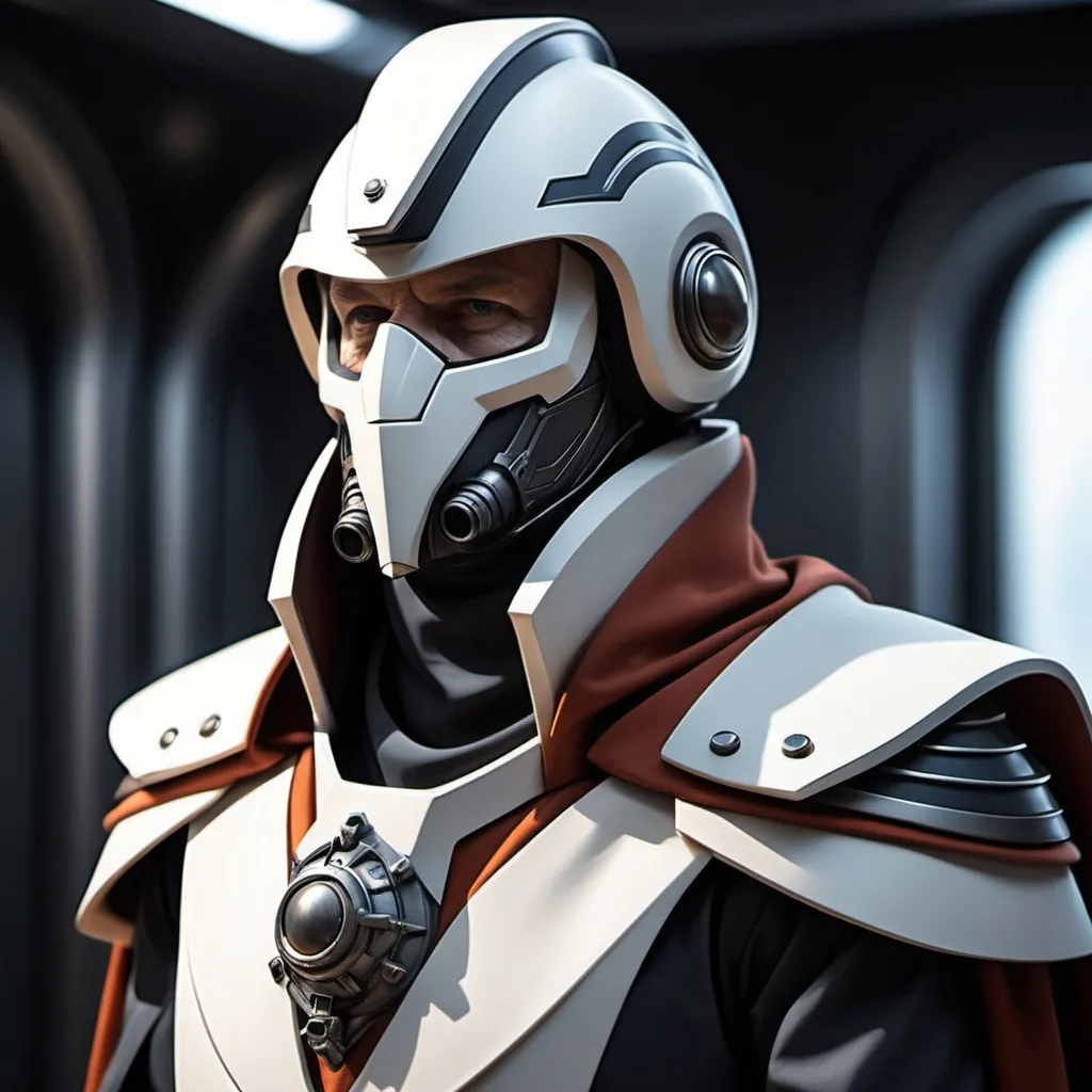 Prompt: Sci-fi Commanders in power with shoulder cape wearing face mask helmet 