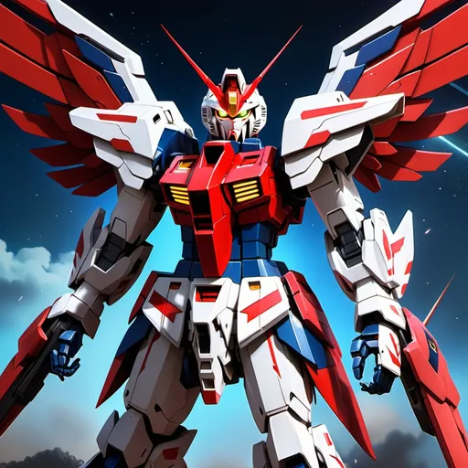 Prompt: Sci-fi Gundam mecha with Knight motif that has wings of red energy 