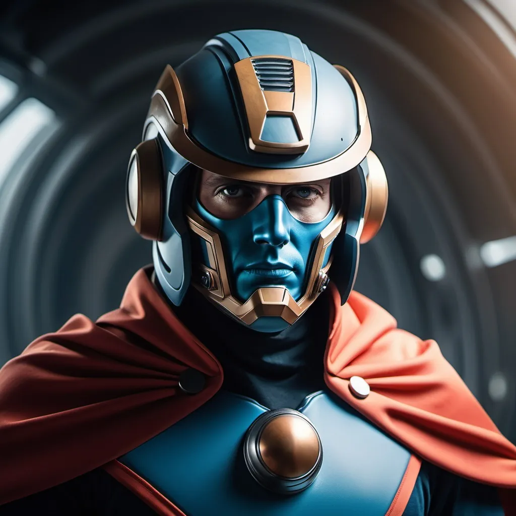 Prompt: Sci-fi captain in power with shoulder cape wearing face mask helmet 