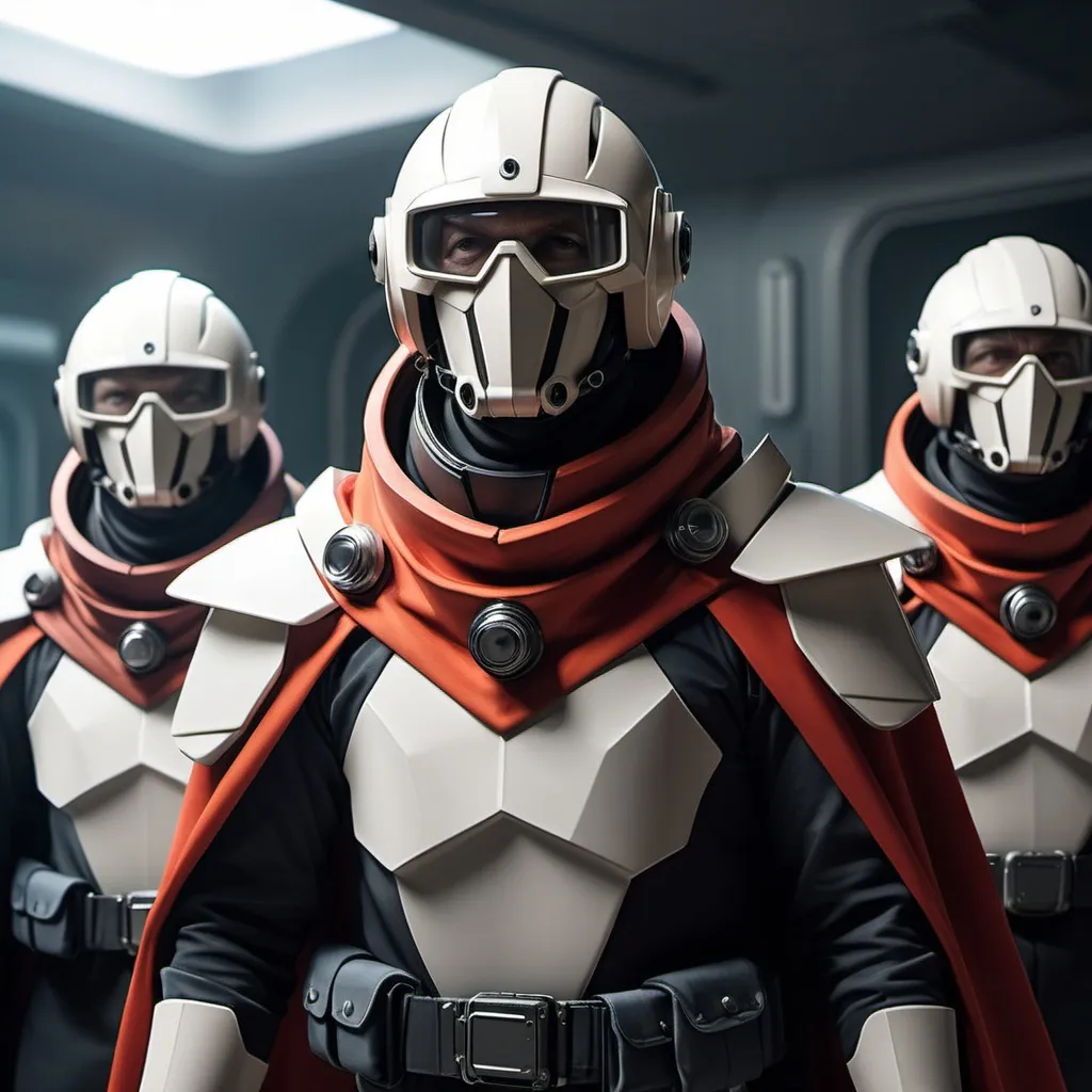 Prompt: Sci-fi Commanders in power with shoulder cape wearing face mask helmet 