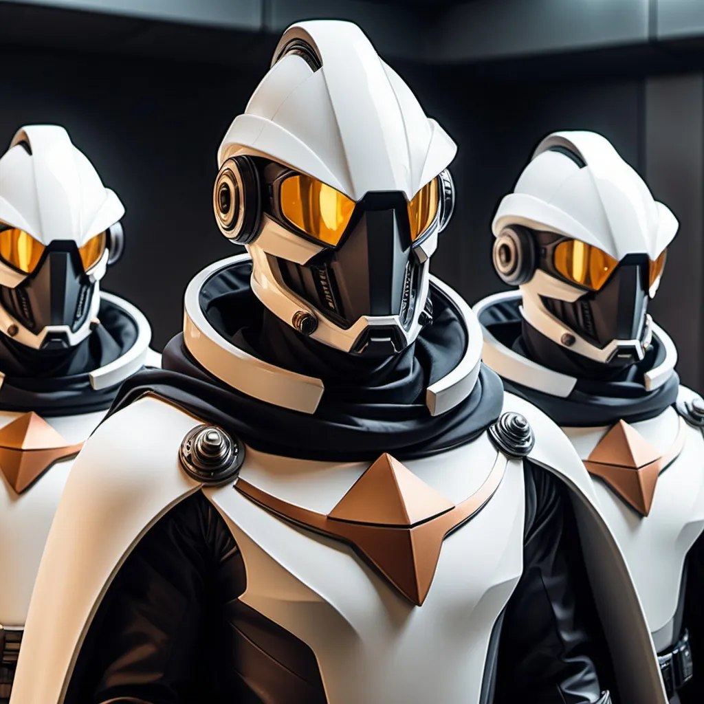 Prompt: Sci-fi Commanders in power with shoulder cape wearing face mask helmet 