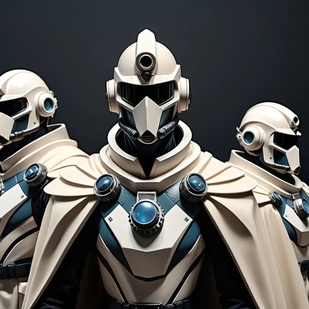 Prompt: Sci-fi Commanders in power with shoulder cape wearing face mask helmet 