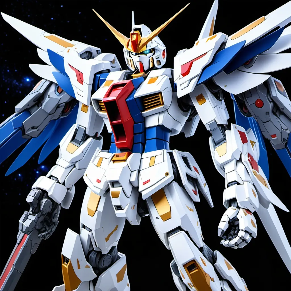 Prompt: Sci-fi Gundam mecha with Knight motif that has wings of cosmic energy 