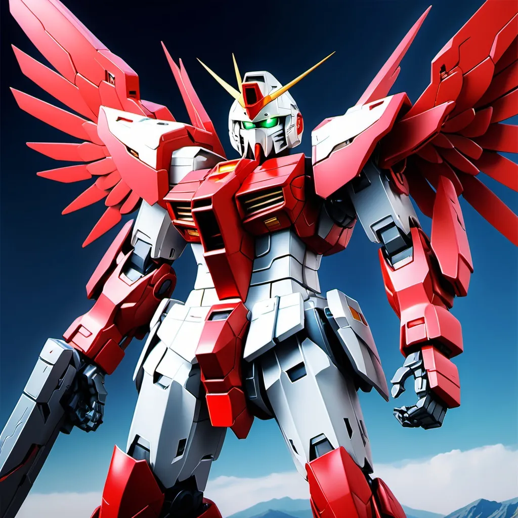 Prompt: Sci-fi Gundam mecha with Knight motif that has wings of red energy 