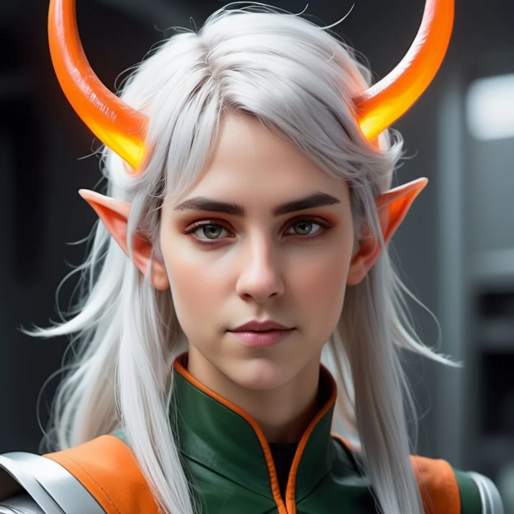 Prompt: Sci-fi Elf with horns Protagonist that has silver hair with fiery highlights 