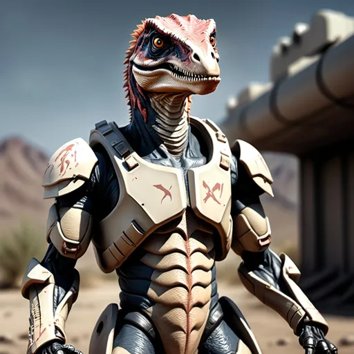 Prompt: Sci-fi velociraptor man in power armor 