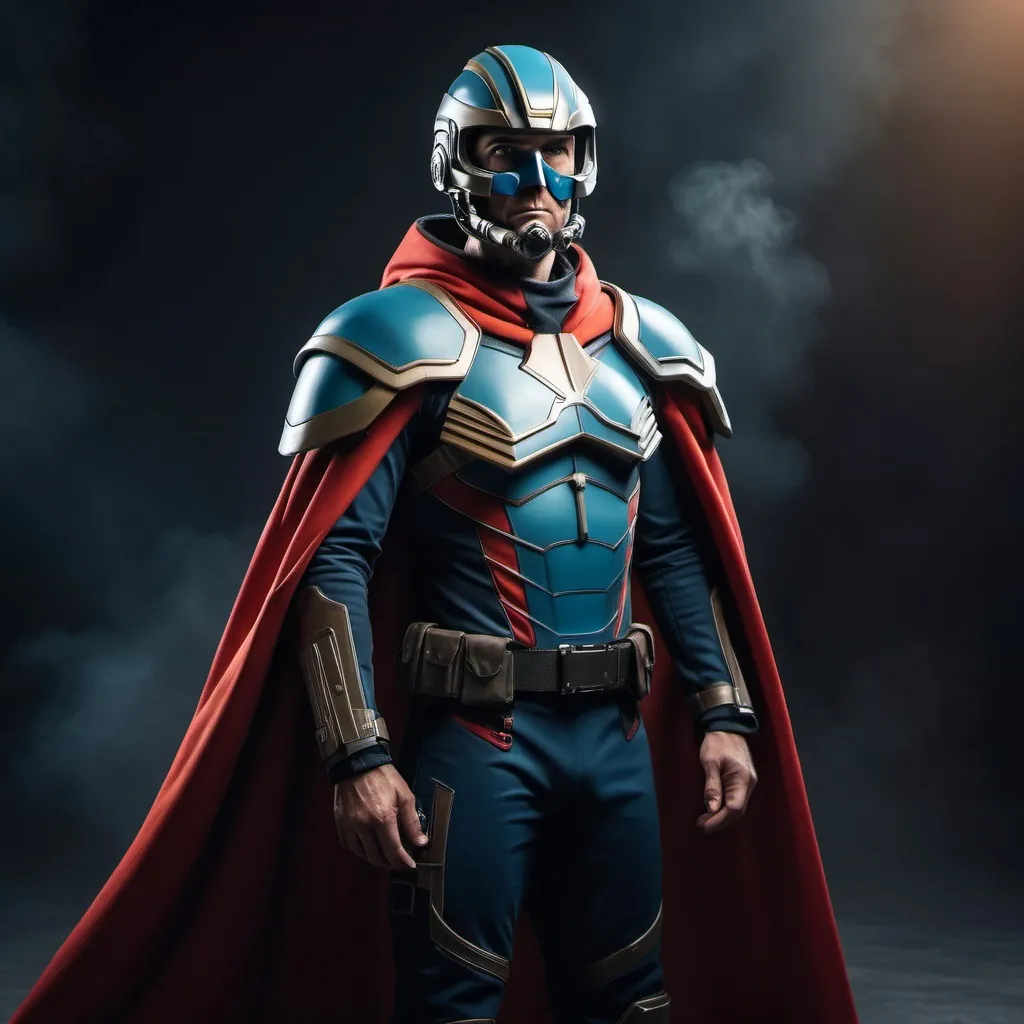Prompt: Sci-fi captain in power with shoulder cape wearing face mask helmet 