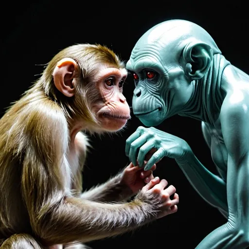 Prompt: A monkey and an alien touching each other