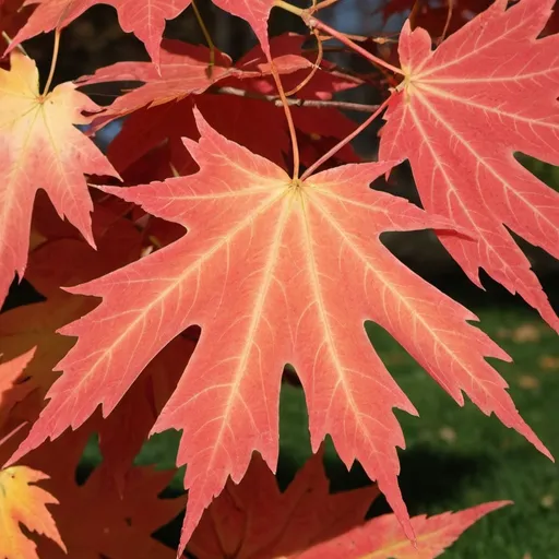 Prompt: Maple (Acer)Details: Maples are famous for their vibrant fall foliage, turning brilliant shades of red, orange, and yellow. They are also valued for their sap, which is used to produce maple syrup.Habitat: Native to Asia, Europe, and North America.Notable Features: Opposite leaf arrangement and distinctive palmate leaves.