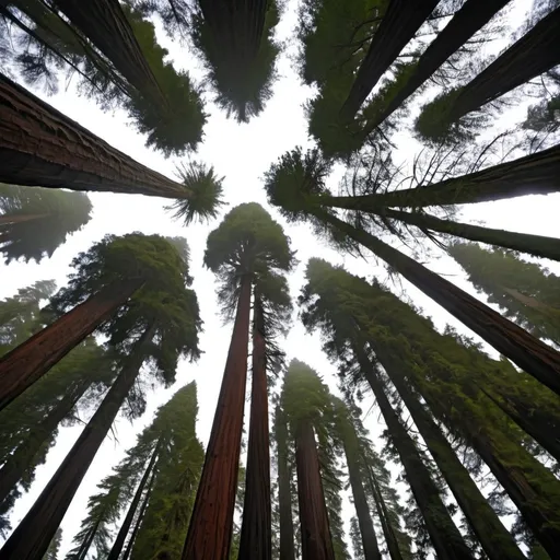 Prompt: Redwood (Sequoia sempervirens)Details: Redwoods are among the tallest and oldest trees on Earth. They can reach heights of over 300 feet and live for thousands of years. These majestic trees are found in coastal California.Habitat: Coastal regions of Northern California.Notable Features: Towering height and reddish-brown bark.