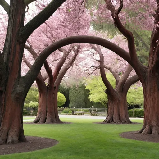 Prompt: Two more trees, an elegant elm and a towering redwood, stood as bookends to the grove. The elm’s branches arched gracefully, creating a natural archway, while the redwood’s massive trunk rose like a pillar to the sky. Completing the circle was a flowering cherry, its pink blooms adding a touch of softness to the scene.